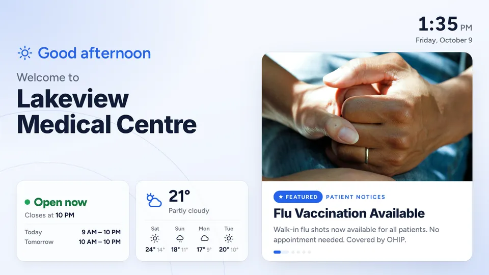 A Kuga clinic welcome screen with opening hours, weather and a patient notice