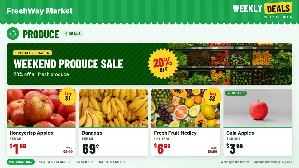 A Kuga weekly deals screen with produce photos, sale prices and savings
