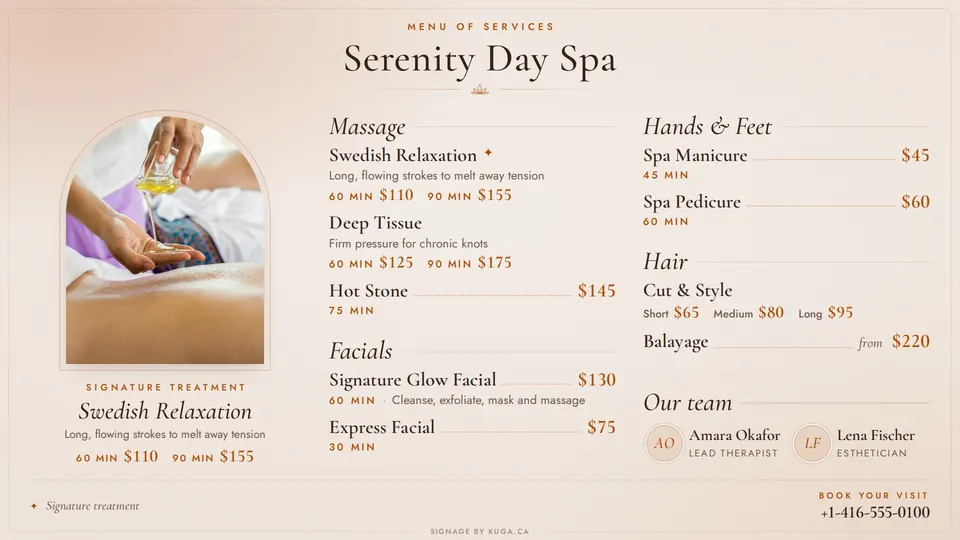 A Kuga spa service menu with treatments, times and prices